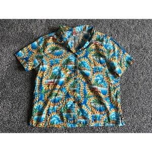 Hilo Hattie Hawaiian Shirt‎ Youth Large Button Up Tropical Blue Floral Hawaii